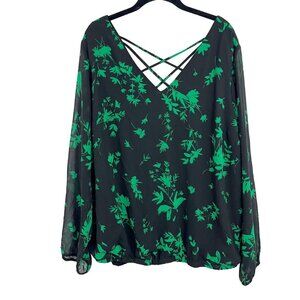 Torrid Black & Green Floral Long Sleeve Top Criss Cross Business Casual Size 2X